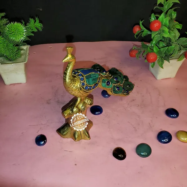 Brass_Peacock_Figurine,_Home_Decor_Gift_Statue,_Large_Size_With_Stone_Work_With_Base_Showpiece