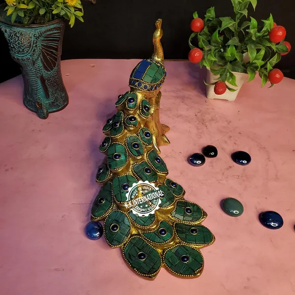 Brass_Peacock_Figurine,_Home_Decor_Gift_Statue,_Large_Size_With_Stone_Work_With_Base_Showpiece