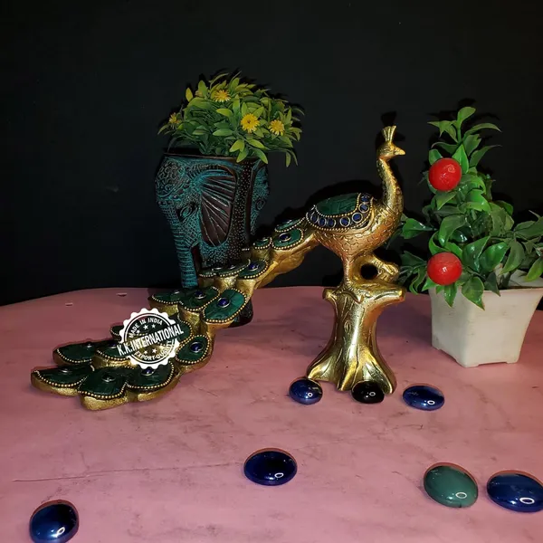 Brass_Peacock_Figurine,_Home_Decor_Gift_Statue,_Large_Size_With_Stone_Work_With_Base_Showpiece