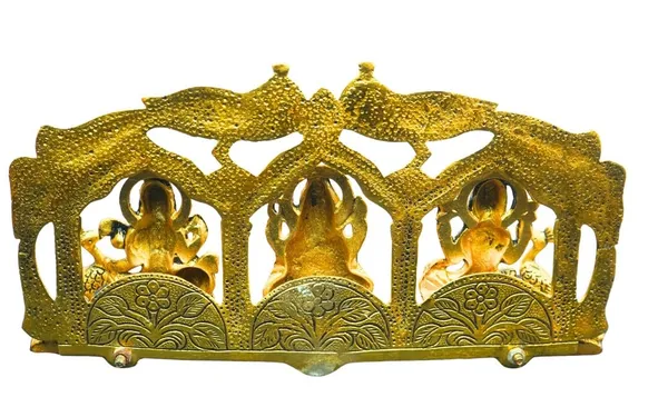 Laxmi_Ganesh_Saraswati_Brass_Idol_With_Decorative_Arch,_Gold_Finish