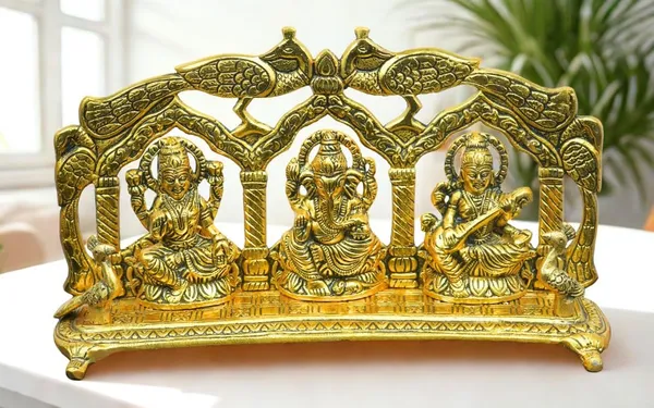 Laxmi_Ganesh_Saraswati_Brass_Idol_With_Decorative_Arch,_Gold_Finish