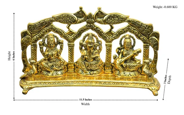 Laxmi_Ganesh_Saraswati_Brass_Idol_With_Decorative_Arch,_Gold_Finish