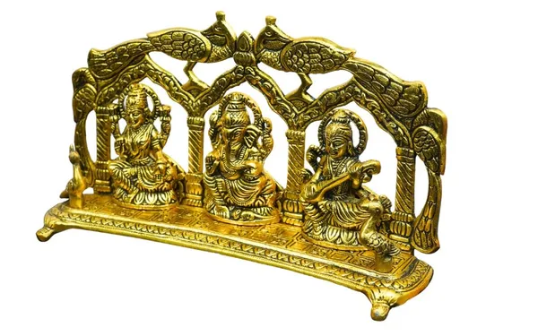Laxmi_Ganesh_Saraswati_Brass_Idol_With_Decorative_Arch,_Gold_Finish