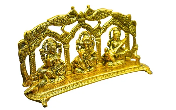 Laxmi_Ganesh_Saraswati_Brass_Idol_With_Decorative_Arch,_Gold_Finish