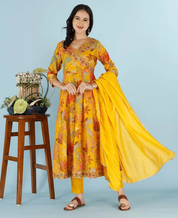 Yellow_Floral_Printed_Anarkali_Kurta_Set_With_Dupatta