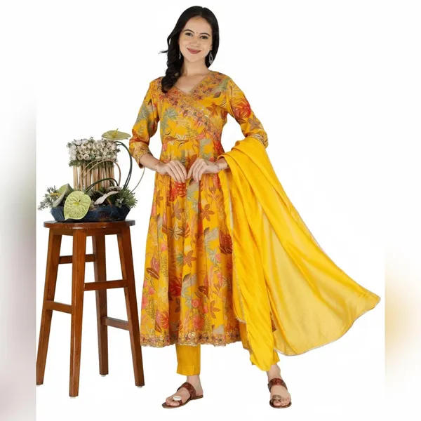 Yellow_Floral_Printed_Anarkali_Kurta_Set_With_Dupatta