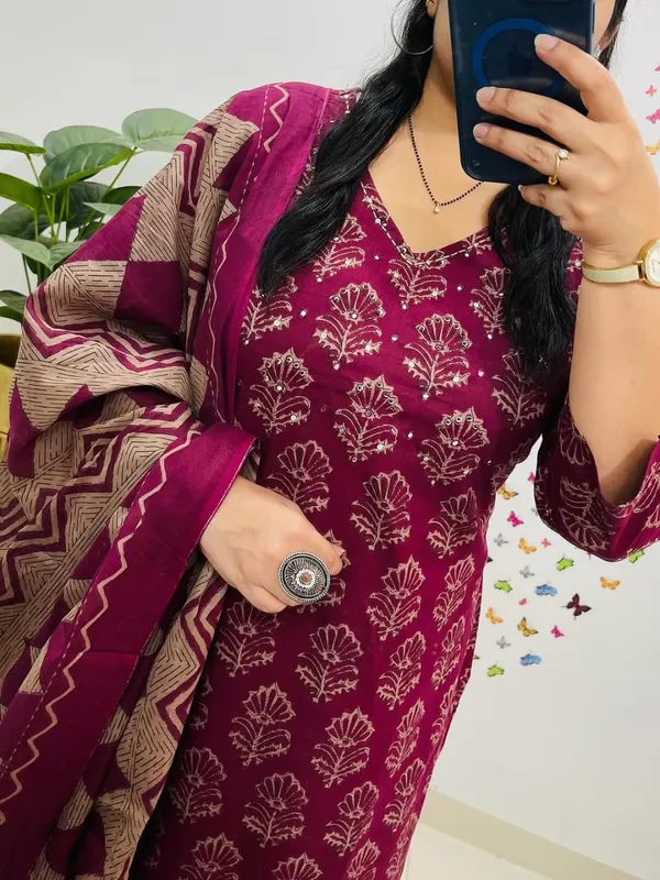 Wine_Block_Print_Kurta_Set_with_Dupatta