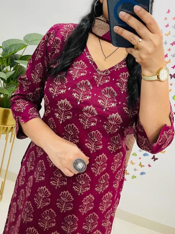 Wine_Block_Print_Kurta_Set_with_Dupatta
