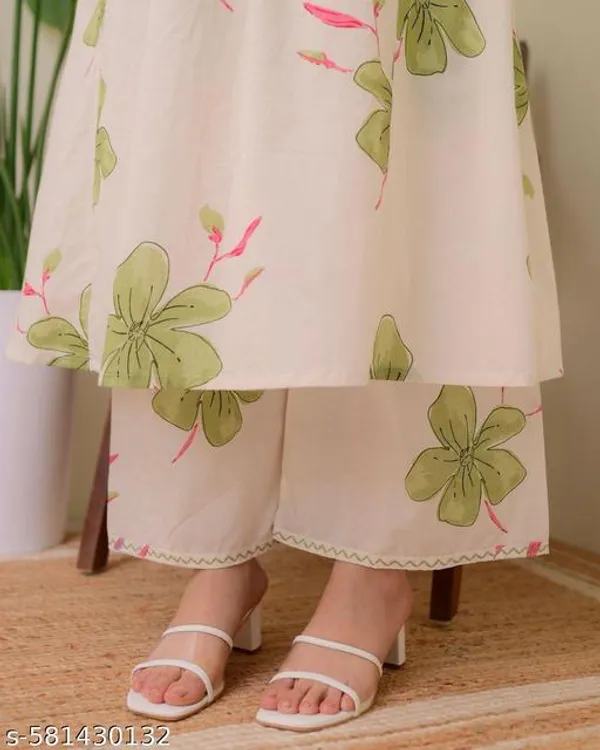White_Cotton_Printed_A-Line_Kurta_&_Pant_Set_For_Women_&_Girls