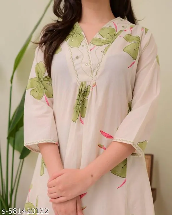White_Cotton_Printed_A-Line_Kurta_&_Pant_Set_For_Women_&_Girls
