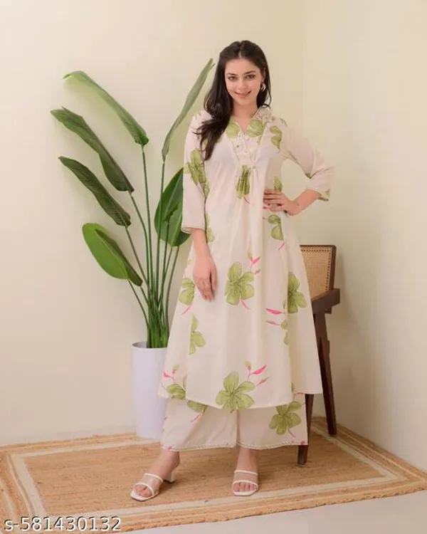 White_Cotton_Printed_A-Line_Kurta_&_Pant_Set_For_Women_&_Girls
