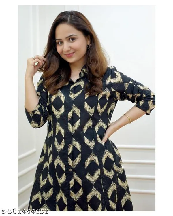 Black_Cotton_Printed_A-Line_Kurta_&_Pant_Set_For_Women_&_Girls