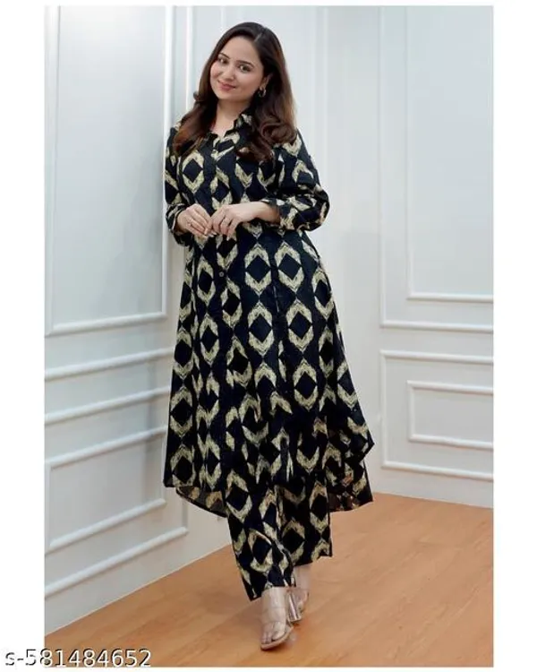 Black_Cotton_Printed_A-Line_Kurta_&_Pant_Set_For_Women_&_Girls