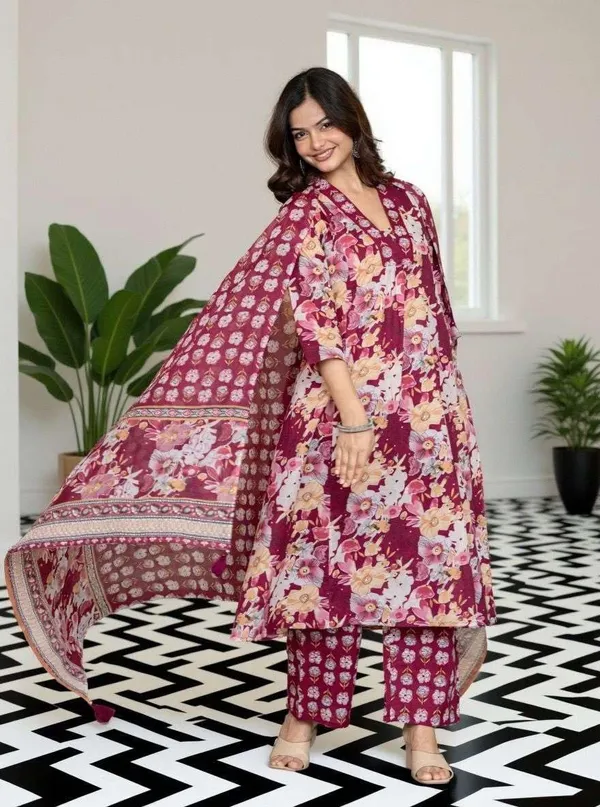 Multicolor_Cotton_V-Neck_Printed_Kurta_Pant_Set_With_Dupatta_For_Women_&_Girls