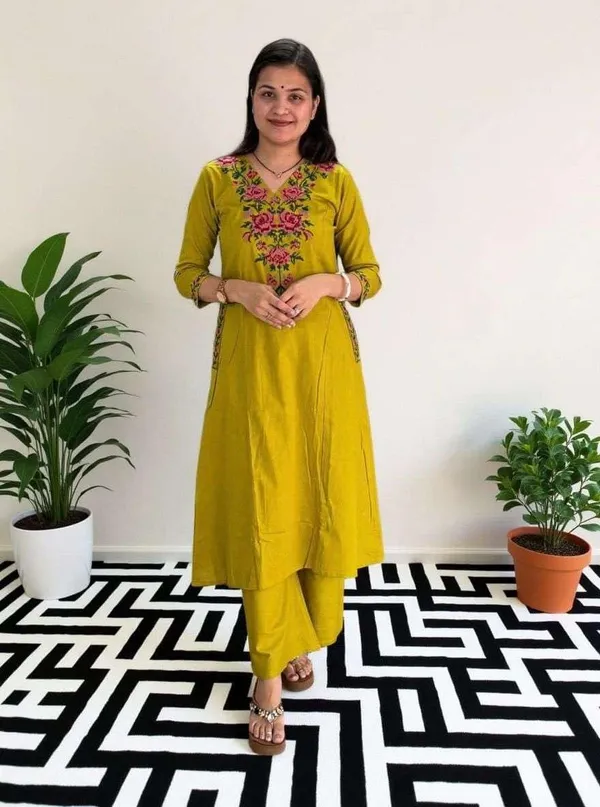 Mustard_Kurta_With_Palazzo_Embroidered_Suit_For_Women_&_Girls