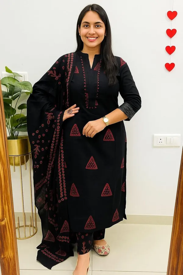 Brown_&_Black_Cotton_Printed_Kurta_Pant_Set_With_Dupatta_For_Women_&_Girls