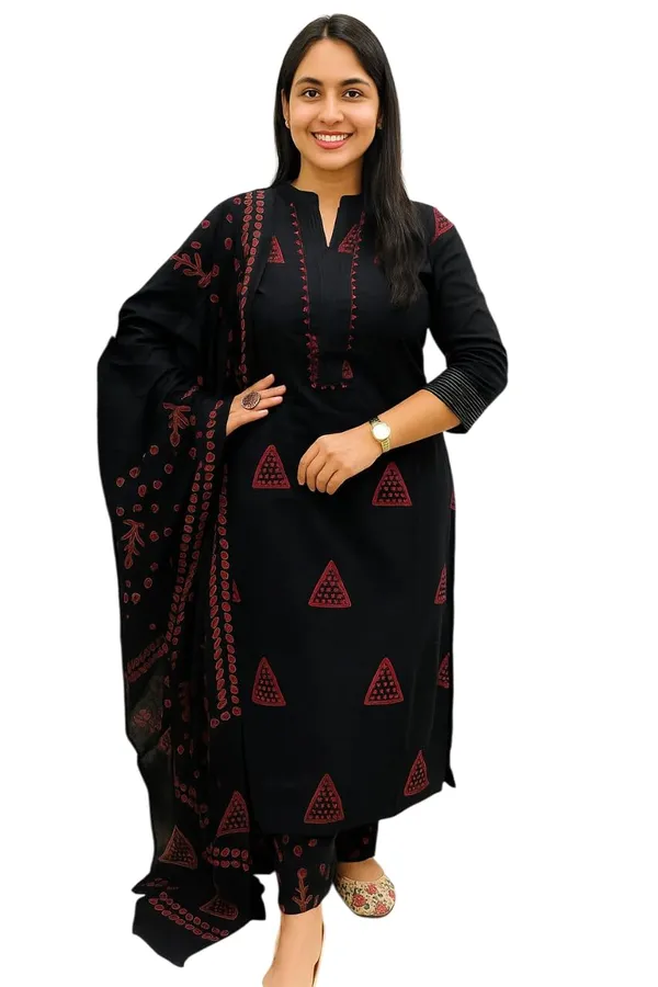 Brown_&_Black_Cotton_Printed_Kurta_Pant_Set_With_Dupatta_For_Women_&_Girls