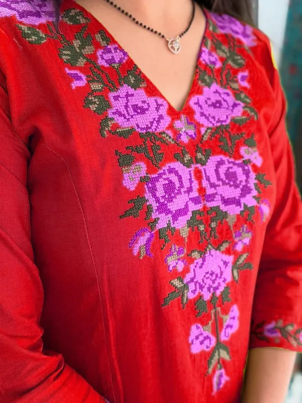 Red_Cotton_Kurta_With_Palazzo_Embroidered_Suit_For_Women_&_Girls