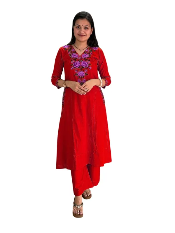 Red_Cotton_Kurta_With_Palazzo_Embroidered_Suit_For_Women_&_Girls