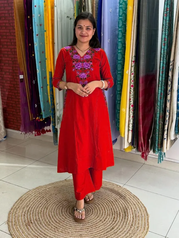 Red_Cotton_Kurta_With_Palazzo_Embroidered_Suit_For_Women_&_Girls