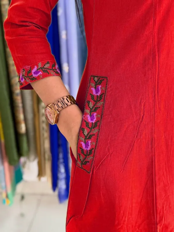 Red_Cotton_Kurta_With_Palazzo_Embroidered_Suit_For_Women_&_Girls
