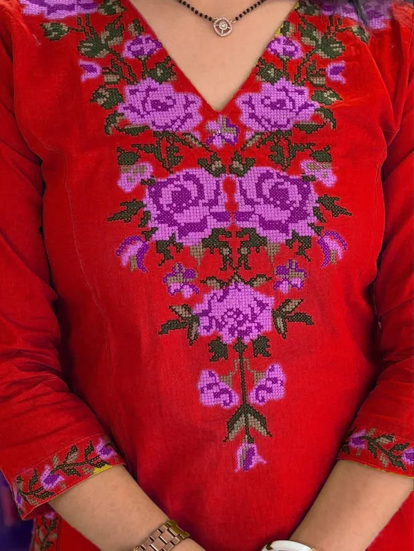 Red_Cotton_Kurta_With_Palazzo_Embroidered_Suit_For_Women_&_Girls
