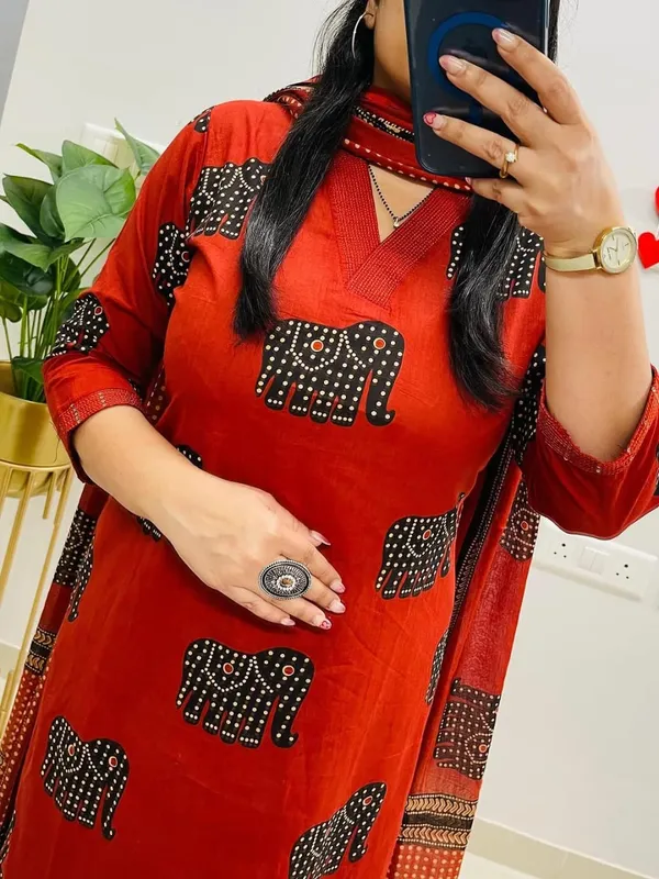 Rust_Red_Elephant_Print_Kurta_Set_with_Dupatta