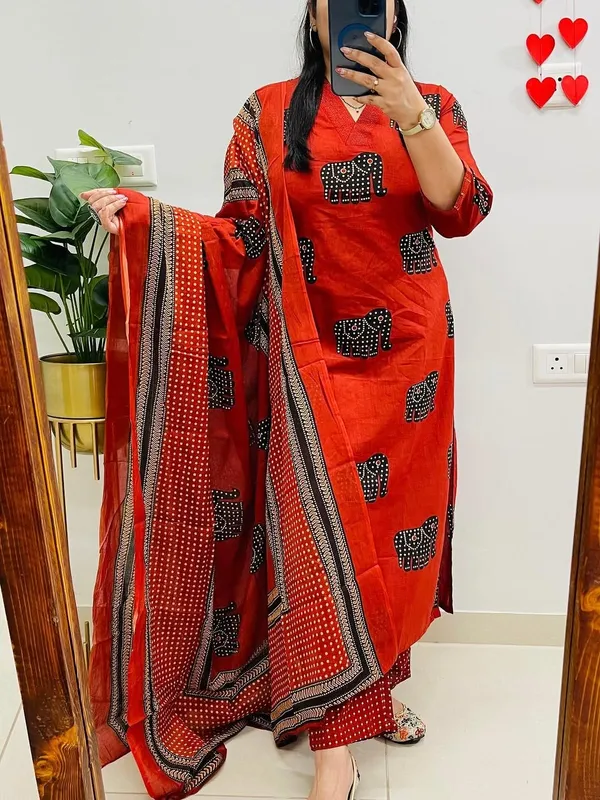 Rust_Red_Elephant_Print_Kurta_Set_with_Dupatta