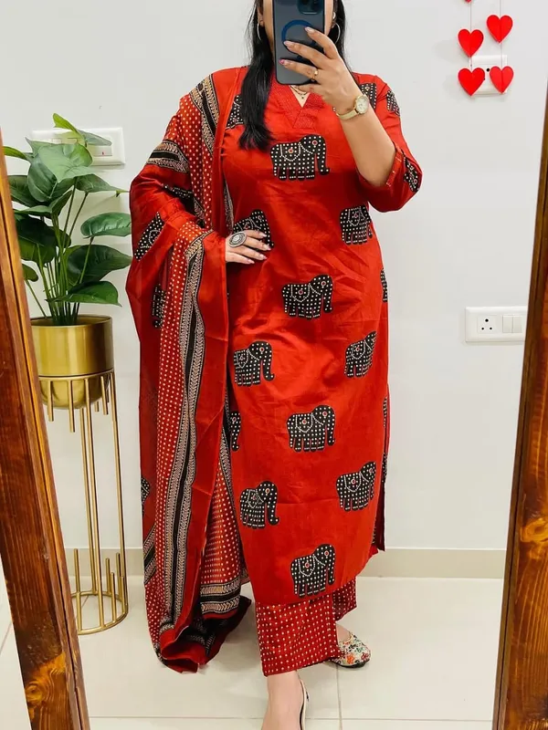 Rust_Red_Elephant_Print_Kurta_Set_with_Dupatta
