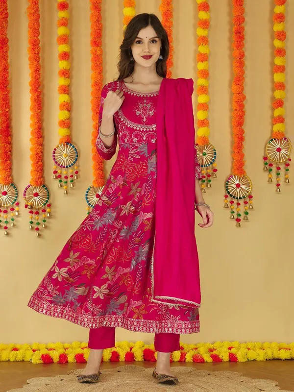 Rani_Pink_Floral_Printed_Anarkali_Kurta_Set_With_Dupatta