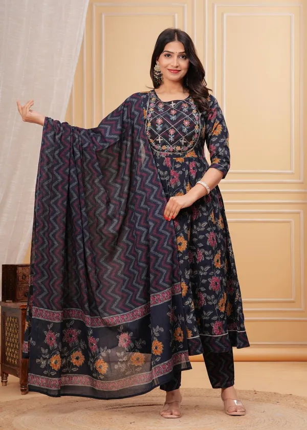 Midnight_Black_Floral_Printed_Anarkali_Kurta_Set_with_Pants_&_Dupatta