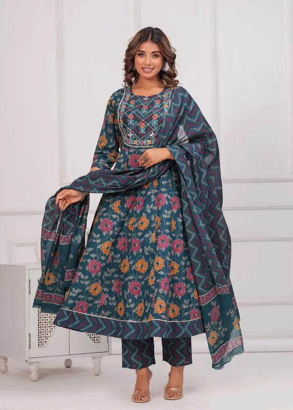 Teal_Green_Floral_Printed_Anarkali_Kurta_Set_with_Pants_&_Dupatta