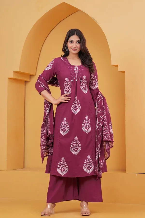 Wine_Magenta_Floral_Printed_Kurta_Set_with_Palazzos_&_Dupatta