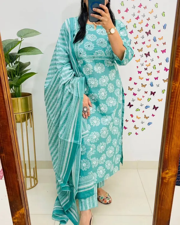 Aqua_Floral_Print_Kurta_Set_with_Dupatta