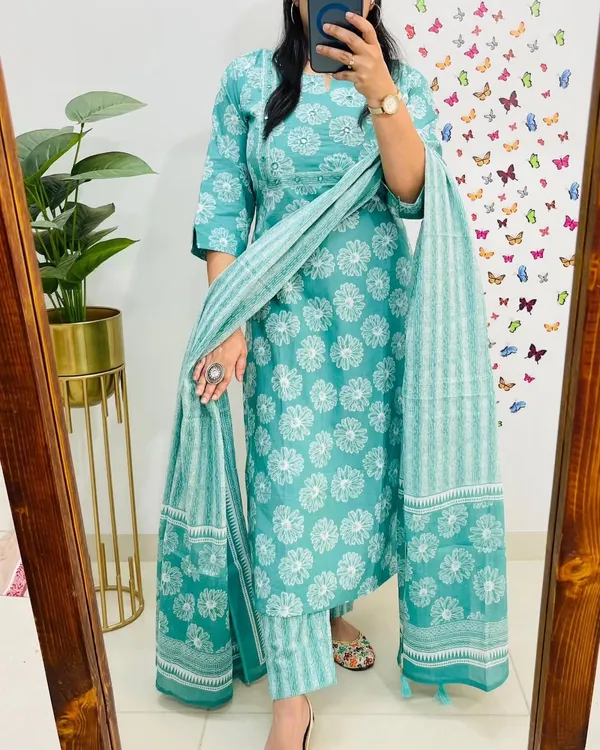 Aqua_Floral_Print_Kurta_Set_with_Dupatta
