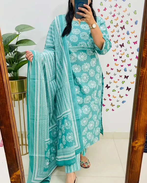 Aqua_Floral_Print_Kurta_Set_with_Dupatta