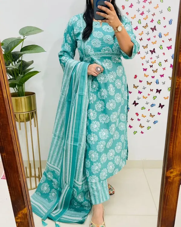Aqua_Floral_Print_Kurta_Set_with_Dupatta