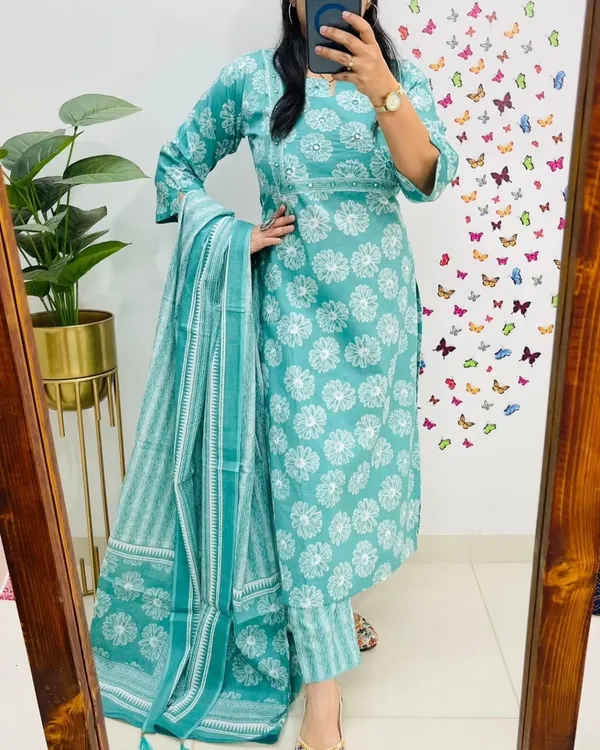 Aqua_Floral_Print_Kurta_Set_with_Dupatta