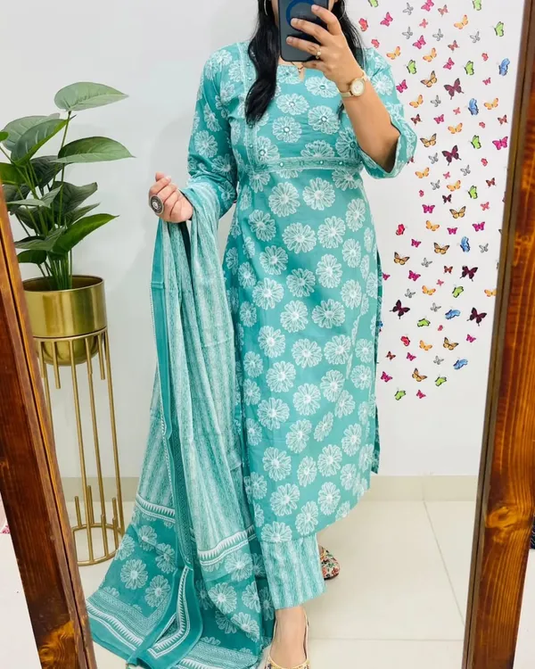 Aqua_Floral_Print_Kurta_Set_with_Dupatta