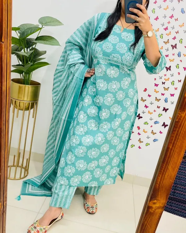 Aqua_Floral_Print_Kurta_Set_with_Dupatta