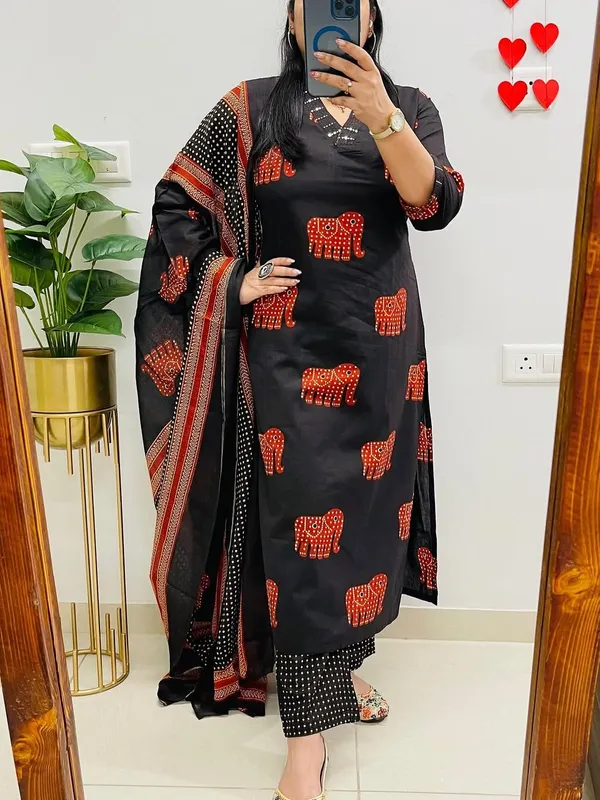 Black_Elephant_Print_Kurta_Set_with_Printed_Dupatta