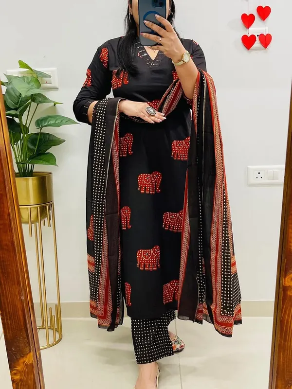Black_Elephant_Print_Kurta_Set_with_Printed_Dupatta