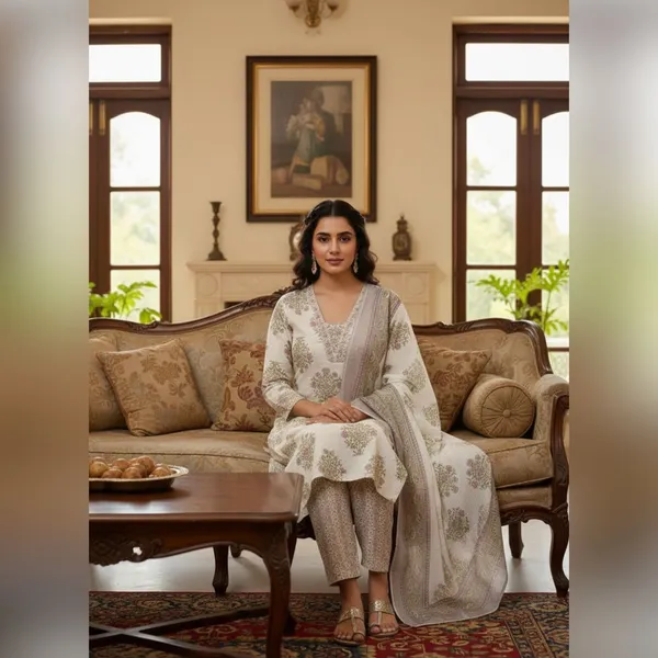 White_&_Grey_Elegant_Floral_Printed_Cotton_Kurta_Set_With_Dupatta