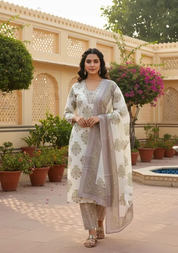White_&_Grey_Elegant_Floral_Printed_Cotton_Kurta_Set_With_Dupatta