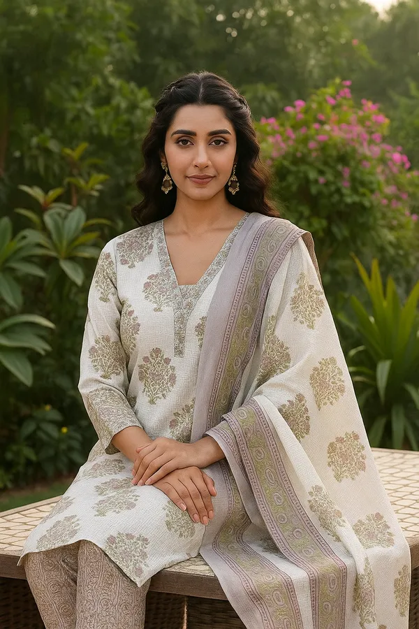 White_&_Grey_Elegant_Floral_Printed_Cotton_Kurta_Set_With_Dupatta