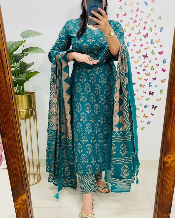 Teal_Green_Block_Print_Kurta_Set_with_Dupatta