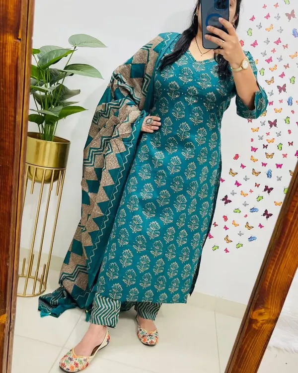 Teal_Green_Block_Print_Kurta_Set_with_Dupatta