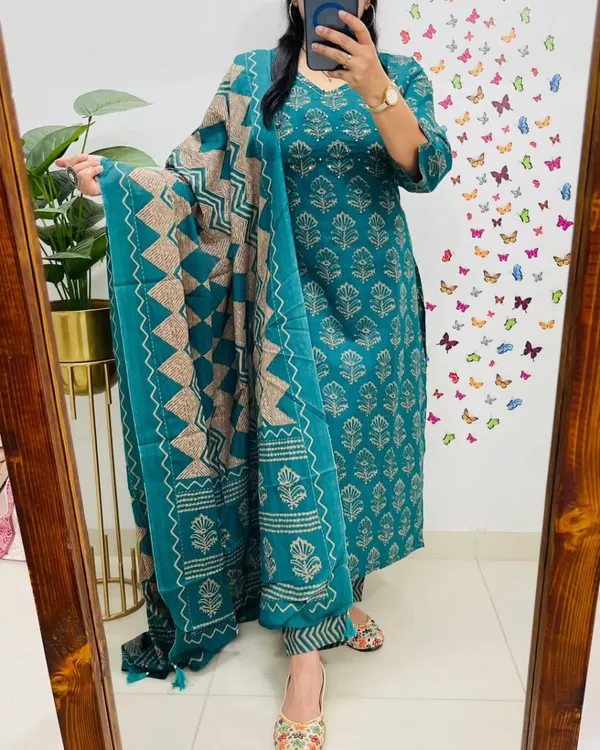 Teal_Green_Block_Print_Kurta_Set_with_Dupatta
