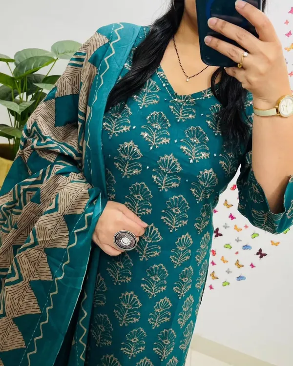 Teal_Green_Block_Print_Kurta_Set_with_Dupatta