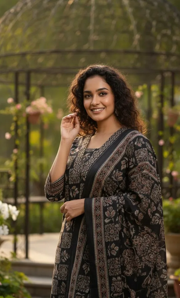 Black__Elegant_Floral_Printed_Cotton_Kurta_Set_With_Dupatta